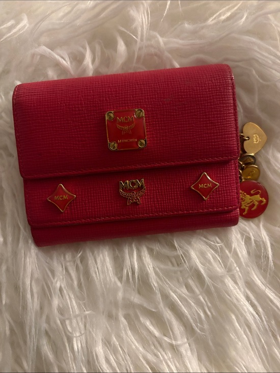 MCM Handbags - MCM Compact Hot Pink Textured Leather Trifold Wallet with Gold Charms